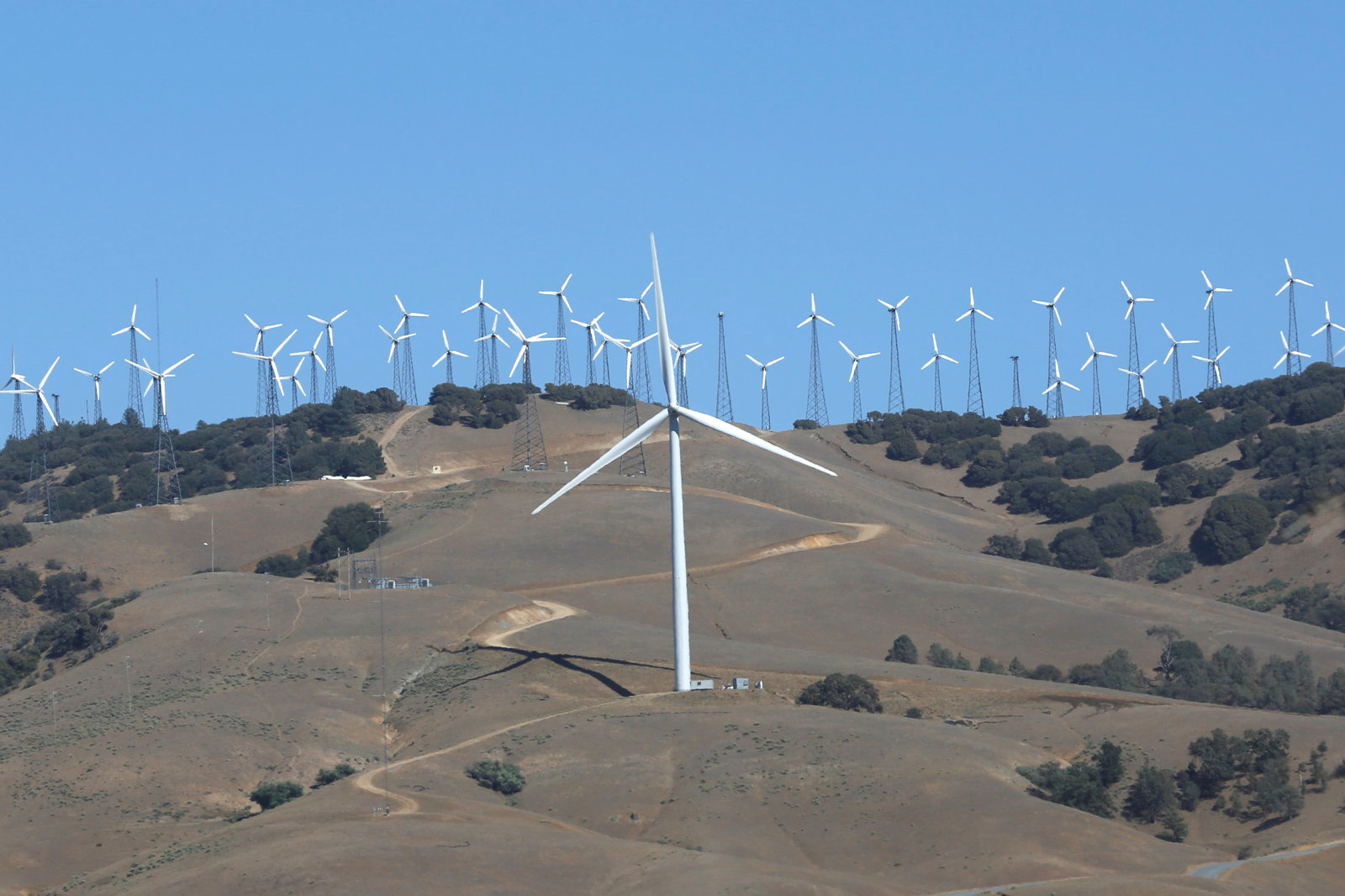 A GE 1.6-100 wind turbine is pictured at a wind farm in Tehachapi